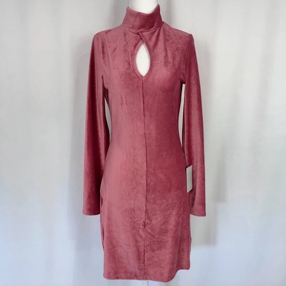 New Dual Nature Keyhole Rib Velour Dress Mock Neck Mini Mauve Medium o - Picture 1 of 9